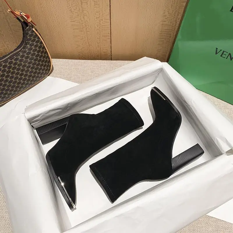 Elastic Suede High Heel Short Boots Women plus Velvet 2022 Autumn and Winter New Fashion Square Toe Chunky Heel Knight Shoes