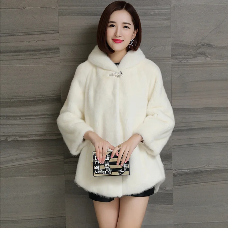 ICCLEK Winter mink coat female whole mink hooded medium long Haining imitation mink fur plush coat