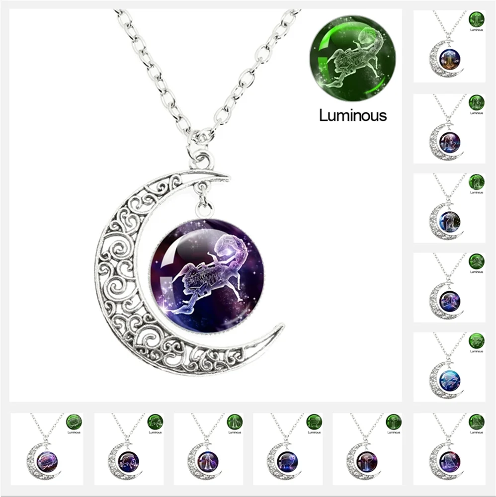 12 созвездий знаков зодиака светящиеся ожерелья кулон в форме полумесяца цепочки