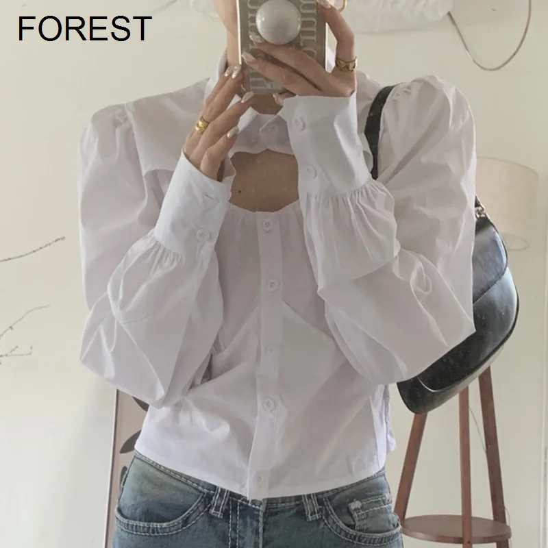 

Chest Cutout Shirt French High-grade Hollow Bubble Sleeve Shirt Spring 2022 New Female Simple Pure Color Short Long Sleeve Top