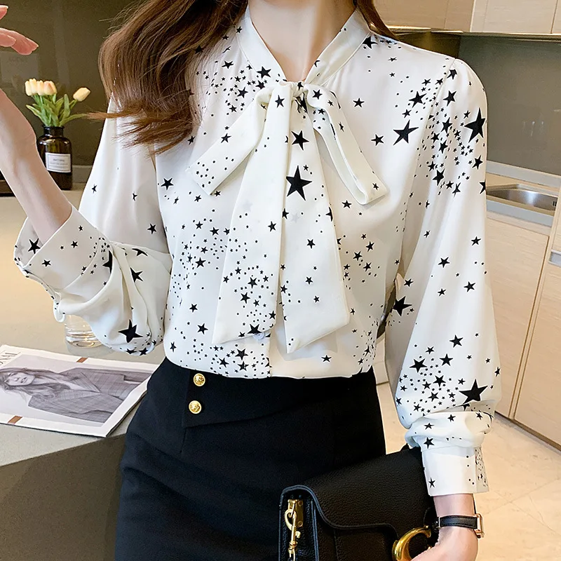 

2022 Summer Women's New Shirts French Bow Shirts Ladies Long Sleeve Tops Fashion Casual Single Breasted Chiffon Shirts Woman Top