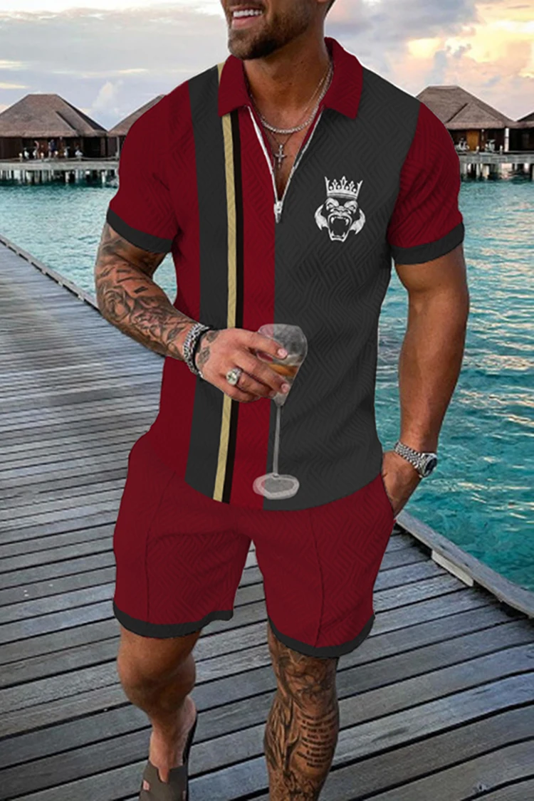 Men's Polo Shirts&Shorts 2 Piece Sets Lion Print Casual Suit Zipper Lapel T-shirt Short Sleeve Tracksuit Male Jogger Outfits