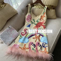 luxury designer runway high end mini party dress pink 3d feather sequins starfish series sleeveless shift mini party dresses