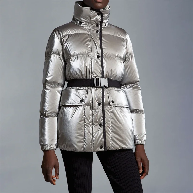 

Зимняя Новая женская куртка с воротником-стойкой из запоминающей ткани, утепленный теплый белый гусиный пуховик y2k, короткий пуховик с пряжкой на ремне