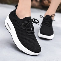 women fashion solid color breathable mesh sneakers wedges lace up ladies knitting sock shoes platform casual walking footwear