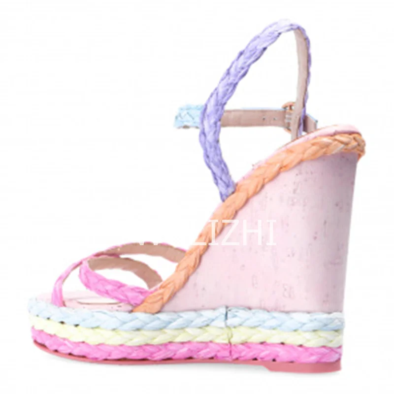 Women's Pink Woven Wood Pattern Wedge Sandals New Watermelon Color Open Slingback Platform Heels Cute Espadarille Fashion Shoes