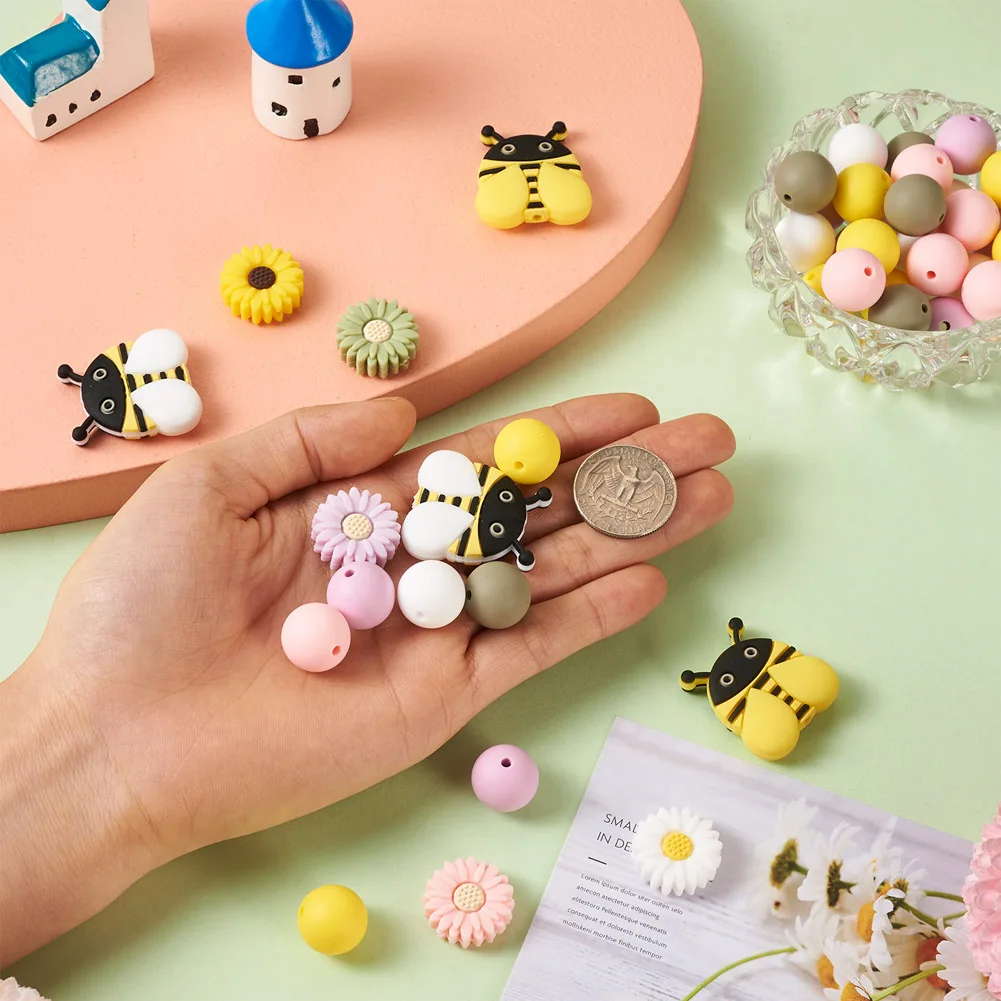 Silicone Beads Round & Daisy & Bees Shape Mixed Color for DIY Necklaces Bracelets Jewelry Making Craft Supplies