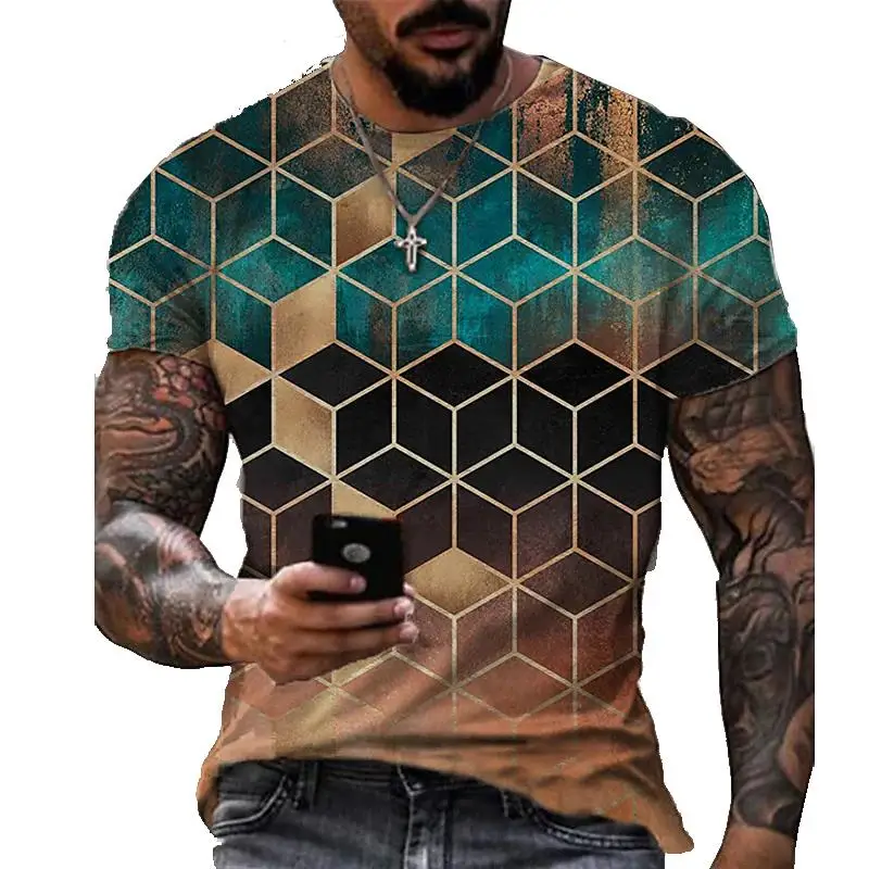 

Summer T-Shirt Men's 2022 Fashion Plaid Print Striped Top Harajuku Shirt Male Casual Oversized Clothes O Neck Street Sweatshirt