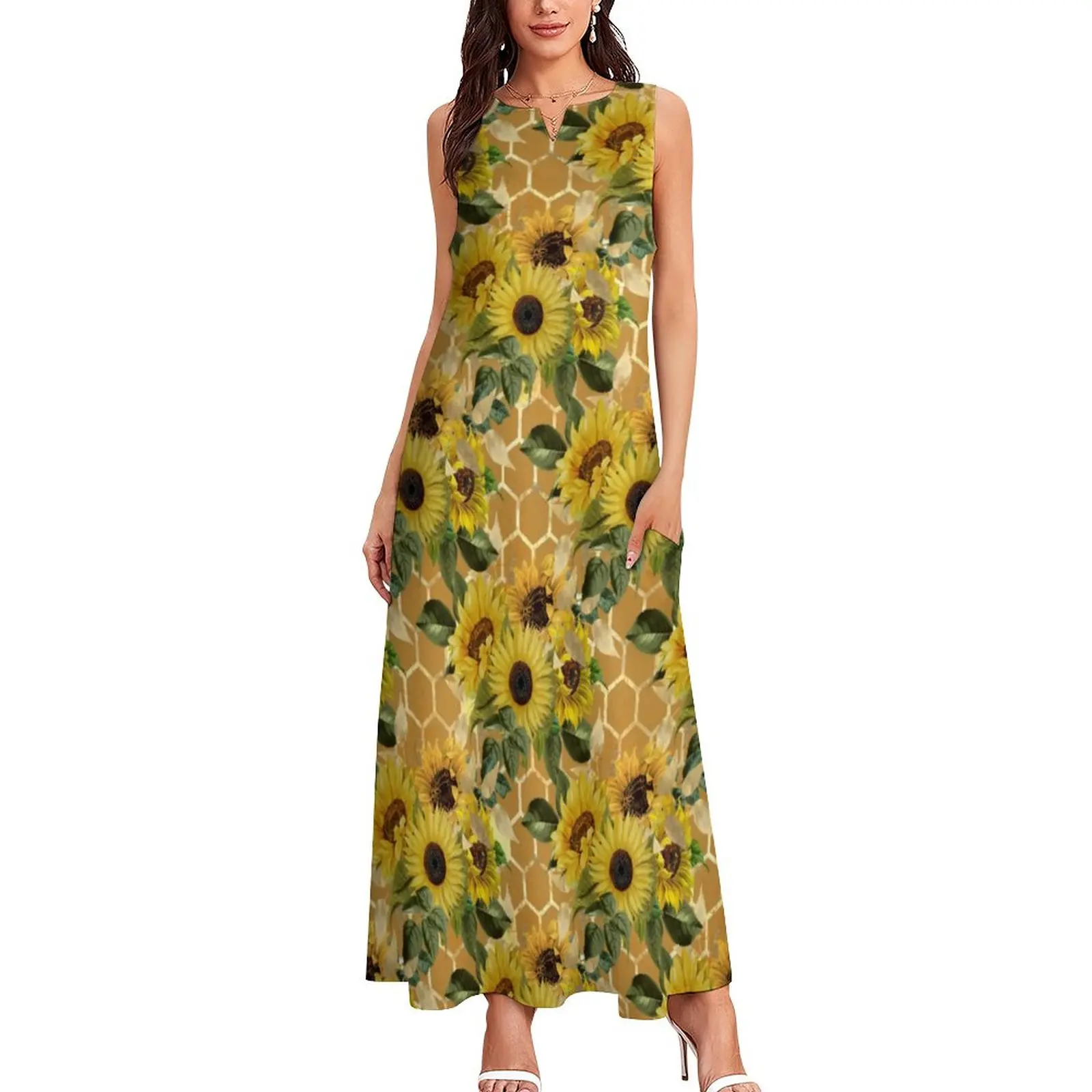 

Wild Sunflower Dress Yellow Flowers Print Vintage Maxi Dress Aesthetic Casual Long Dresses V Neck Graphic Vestidos 3XL 4XL 5XL