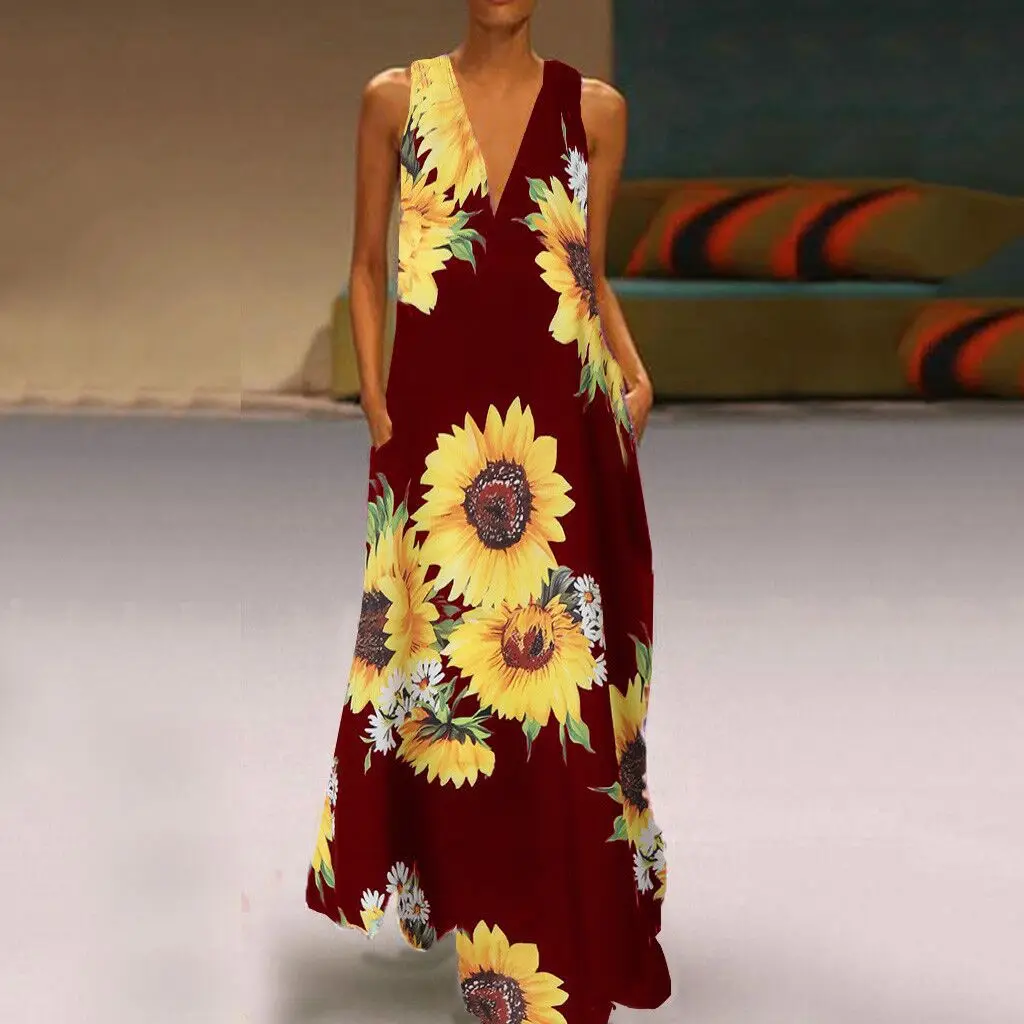 

New Ladies Boho Print Sunflower V-Neck Sleeveless Pocket Summer Dress