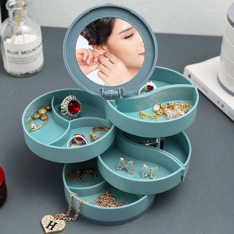 

Jewelry Storage Box Multilayer Rotating Jewelry Stand Earrings Ring Box Cosmetics Beauty Container Organizer with Mirror