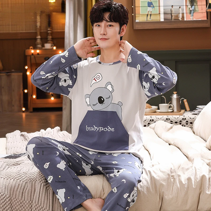 Big Size Autumn New Mens Casual Pajamas Set Cotton Long Sleeve Kawaii Bear Cartoon Printing Sleepwear for Men Pijama for Boy