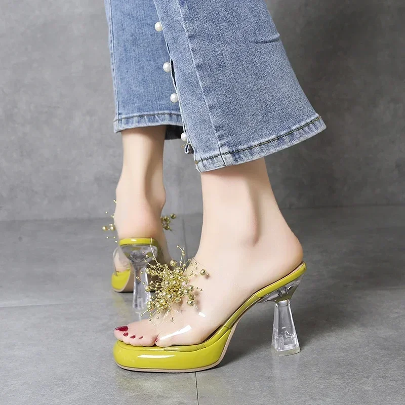 Жемчужные прозрачные женские летние модные босоножки на высоком каблуке с