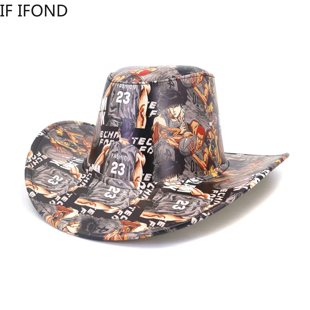 

2022 New Arrival Womem Men Western Cowboy Hats PU Leather Wide Brim Cowgirl Party Dress Hats Street Graffiti Hip Hop Jazz Caps