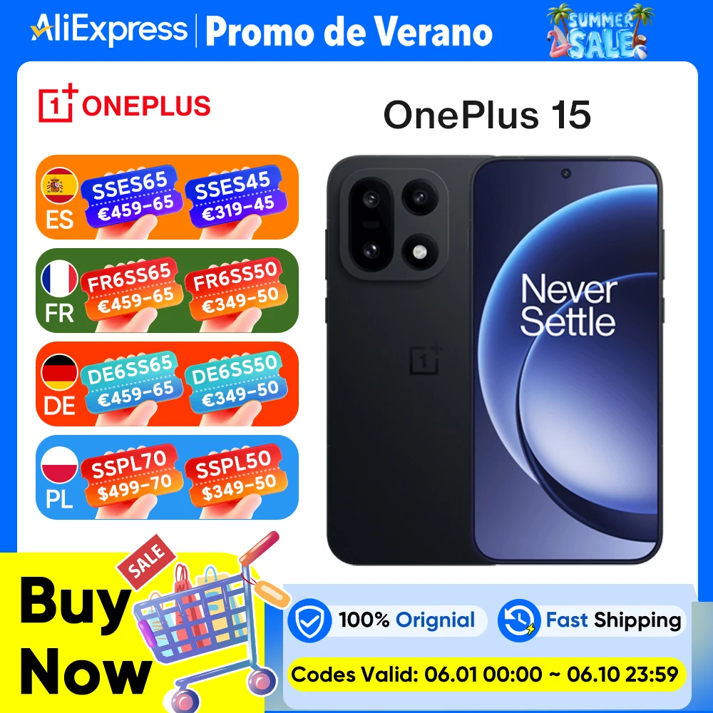OnePlus 15 5G smartphone, Snapdragon 8 Elite Gen 5, pantalla 165 Hz, batería 7300 mAh, carga 120 W, NFC negro