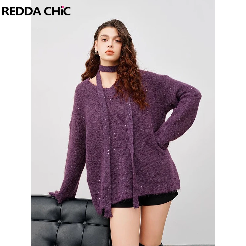 REDDACHiC фиолетовый блестящий мягкий шерстяной свитер женский расшитый блестками