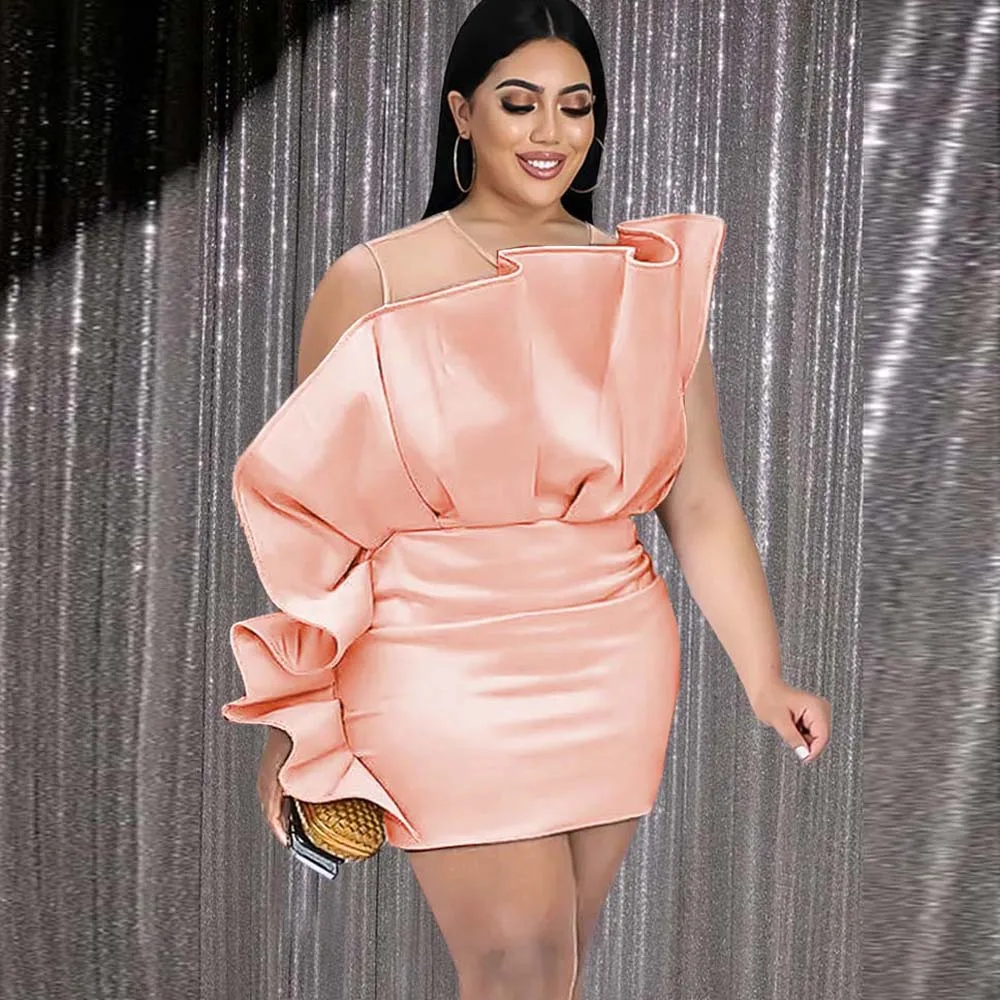 

2022 Women Plaus Size Fashion Dress Solid Color Ruffles Edage Patchwotk Loose Pullover Western Style Summer Lady Party Dress