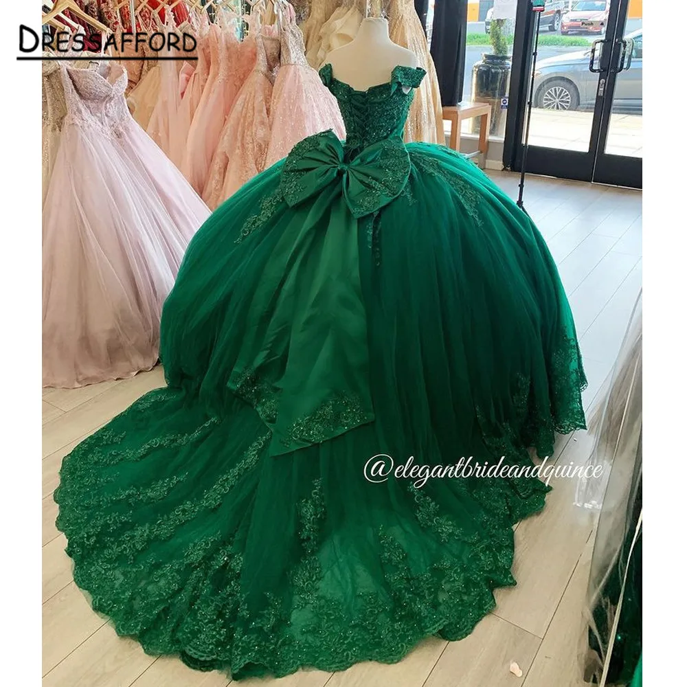 Emerald Green Ball ชุด Quinceanera Appliques ลูกปัดไข่มุกปิดไหล่หวาน16ชุด Vestido De 15 Anos ลูกไม้-Up