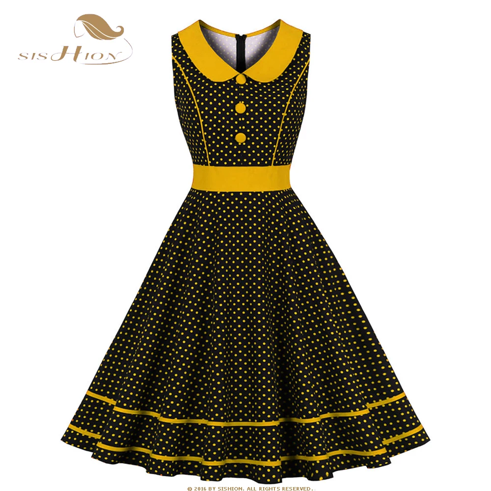 

SISHION Peter pan Collar Black Polka Dots Print Vintage Dress VD3902 Sleeveless A Line Swing Party Summer Women Retro Dresses