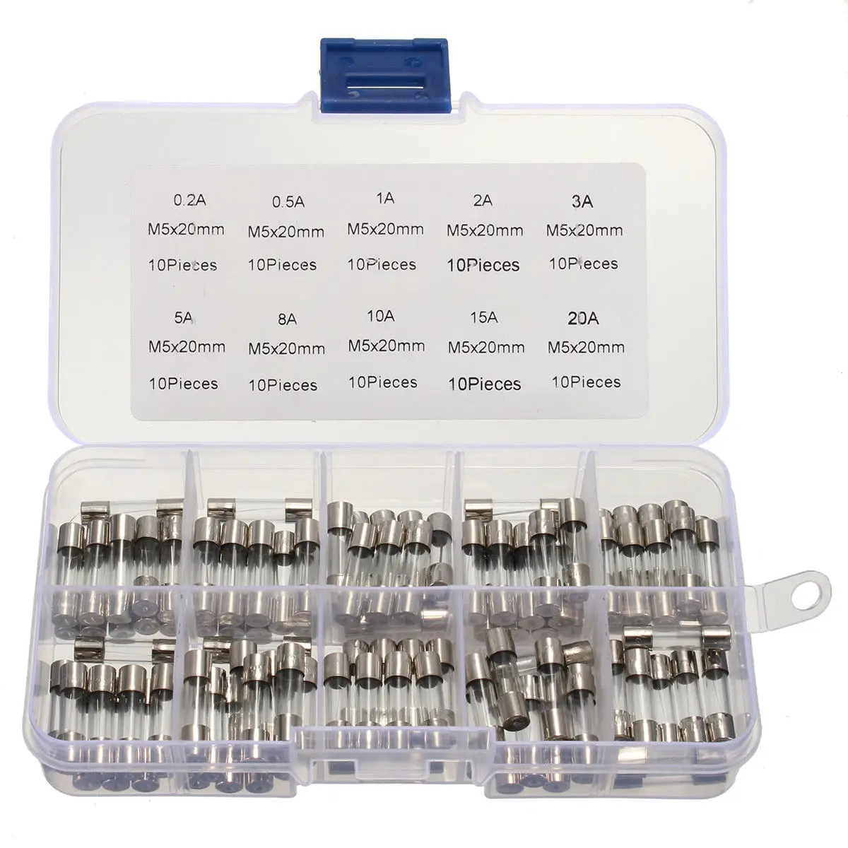 

100pcs Glass Fuses Kit Insurance Tube Household 0.2A-20A 16*12*2.1cm 250V