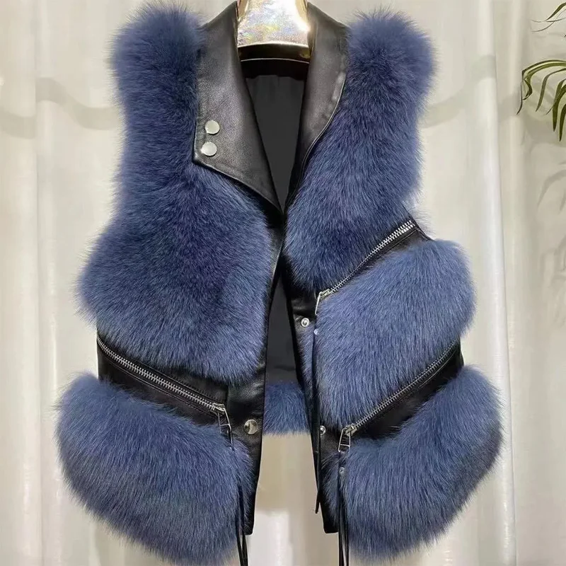 Autumn Winter Sleeveless Short Fox Fur coat Vest Women Vintage Spliced Warm Leather Fur Jacket Vest Female Waistcoat Streetwear