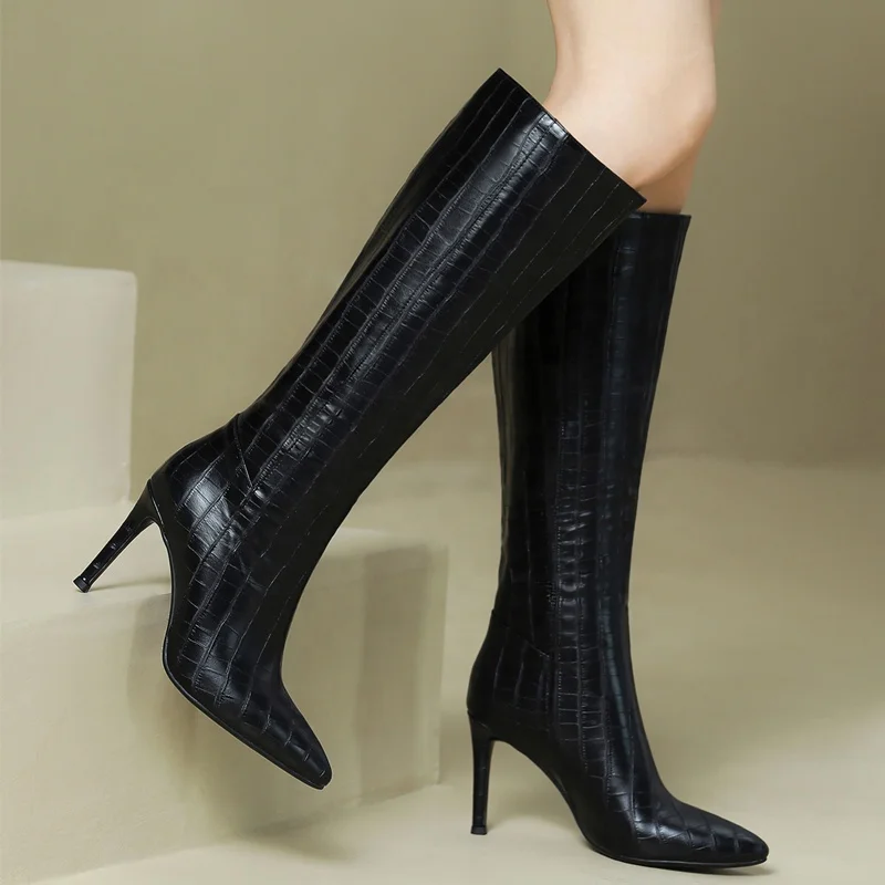 Solid Stone Print Slip on Shoes Booty Women's Knee High Boots Pointy Toe Thin High Heel Fashion Shoes Autumn Winter 43