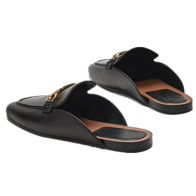 Elmsk Shoes Women French Style Fashion Elegant Office Lady Geninue Leather Gold Buckle Retro Mule Shoes Casual Flat