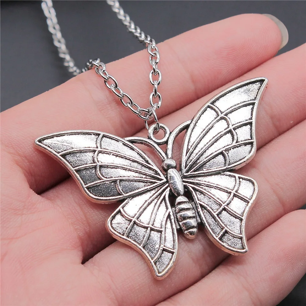 Ожерелье серебряное в античном стиле с кулоном-бабочкой 54x37 мм для женщин и мужчин, длинная цепочка, ожерелье