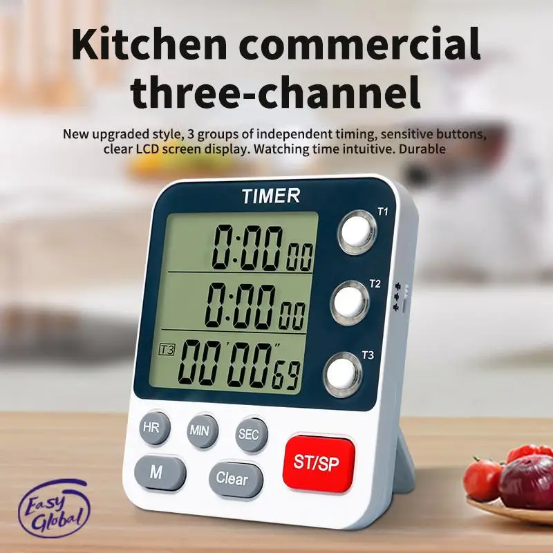 

3-канальный кухонный таймер, регулируемый громкость, длинный таймер, экран, разделительный таймер, для приготовления пищи, офиса, напоминание о обучении