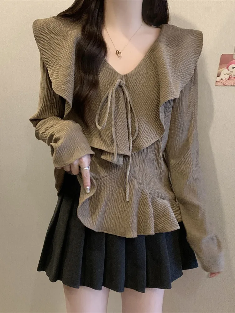 Plus size women clothing French sle Frill V-neck Shirts Spring and Autumn 2024 Chubby Girl Waist Hugging Slimming Chic Euro... |