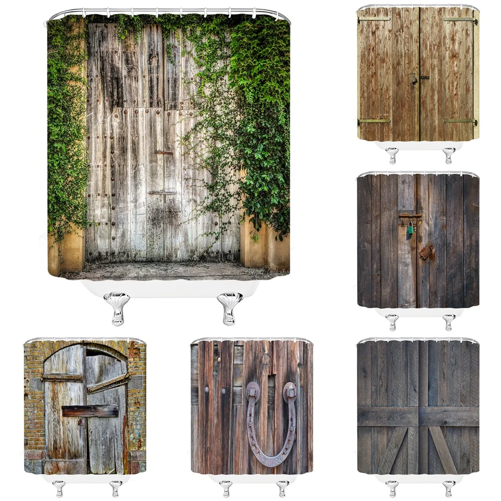 

Rustic Wooden Barn Door Shower Curtain Green Ivy Plants Rusty Lock Rural Country Farmhouse Bath Curtains Bathroom Decor Fabric