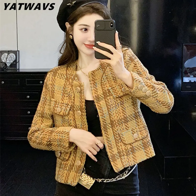 

High Quality Small Fragrant Elegant Multicolour Plaid Tweed Jacket Coat For Women Long Sleeve Female Single Breasted New Outwear
