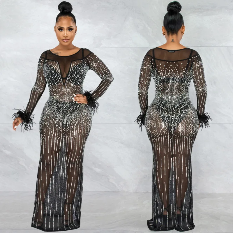 

Sexy Women Hot Diamond Long Dress Fashion Nightclub Party Elegant Slim Dresses Mesh Perspective Long Sleeve Dress Robe