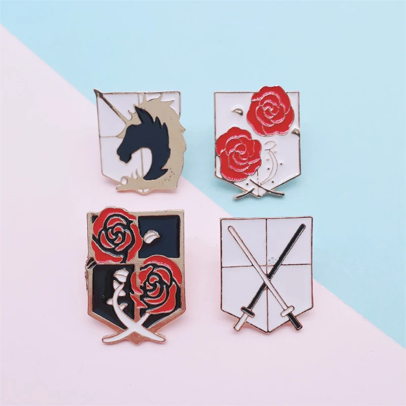Creative Geometric Anime Shield Corps Enamel Brooch Rose Flower Animal Horse Sword Alloy Pins Badge Punk Woman Jewelry Gift