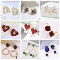 korean new enamel flower dangle earrings for women sweet heart geometric triangle hang earrings fashion jewelry pendientes mujer