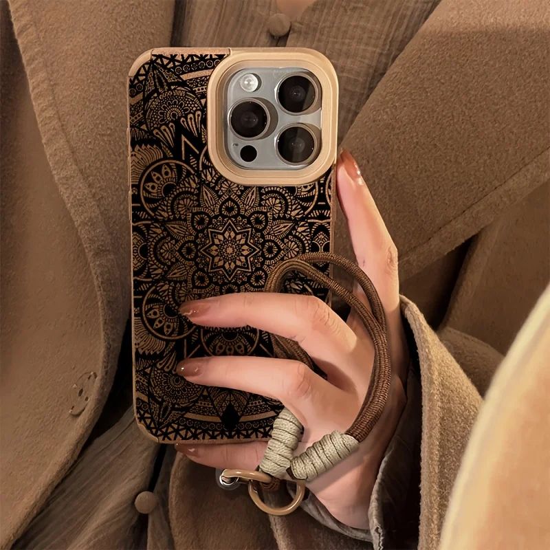 Фото Защитный чехол для iPhone 15, 17, 14, 16, 13, 12, 11 Pro Max, X, XS, Air 15, 16, 14 Plus с ремешком на руку и узором мандала в стиле бохо №4