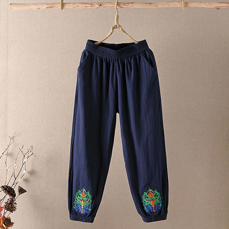 Harajuku Woman Summer Cotton Linen Cropped Trousers Middle-Aged Embroidered Spring Autumn Mom Large Size Casual Wide Leg Pants