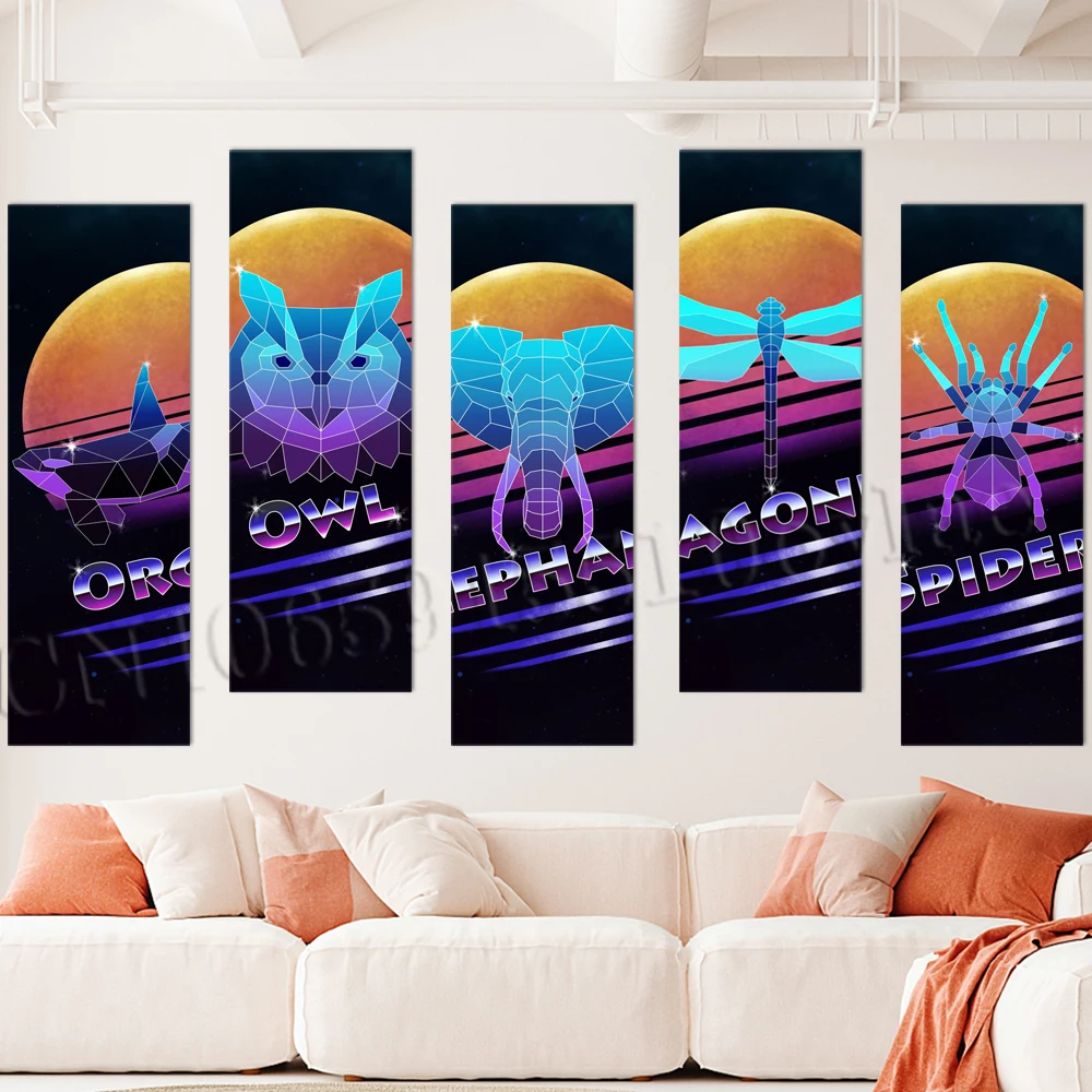 

Animal Home Decor Wallpaper PVC Printed 80S Retro Synthwave Poster Painting Wall Artwork HD Pictures Living Room Self-adhesive