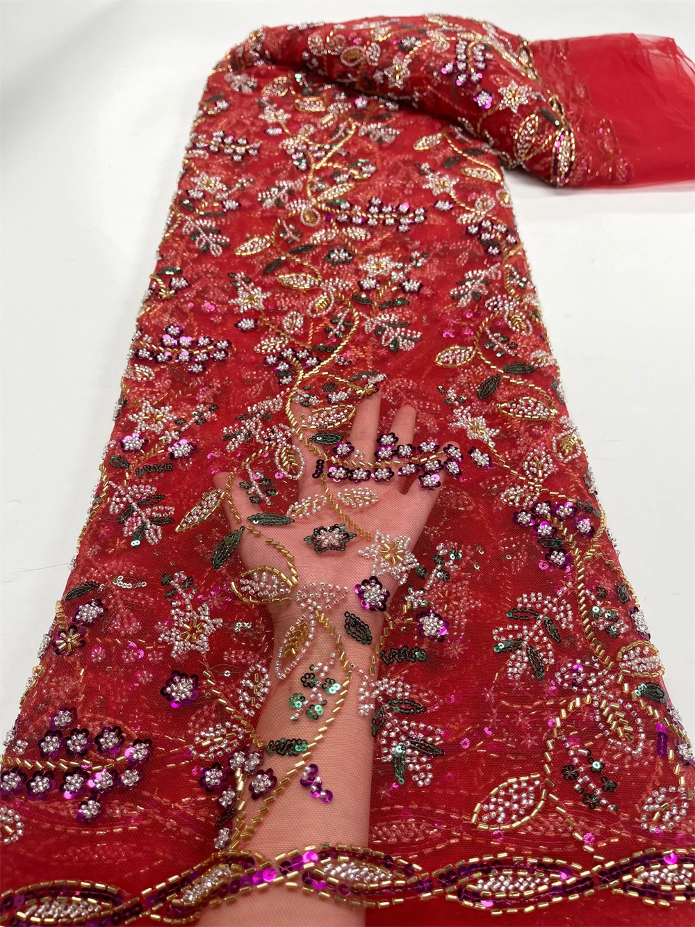 

2023 High Quality African Nigerian Sequins Embroidery Tulle Lace Fabric French Guipure Dress Wedding Party Beaded 5Yards