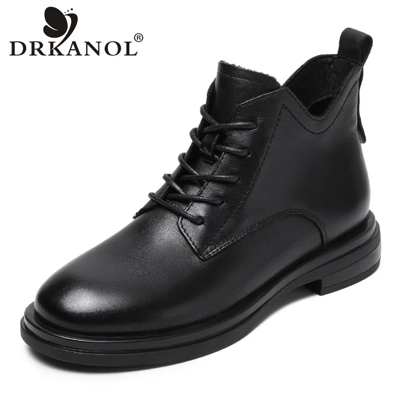 

DRKANOL 2022 British Style Women Ankle Boots Autumn Genuine Leather Round Toe Flats Heel Retro Casual Short Boots Female Black