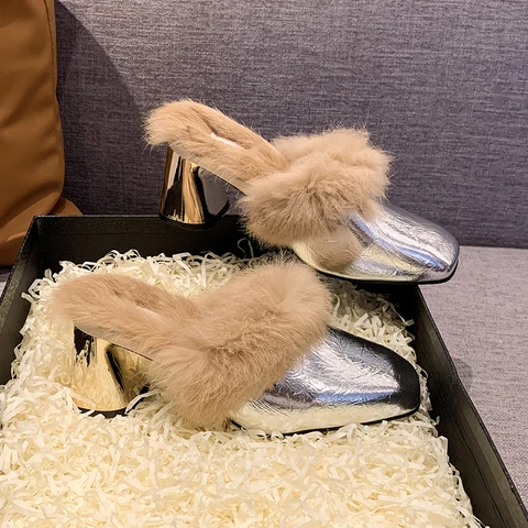 Весенние женские шлепанцы на толстом каблуке из искусственного меха, удобная теплая обувь, женские уличные элегантные шлепанцы без шнуровки с квадратным носком