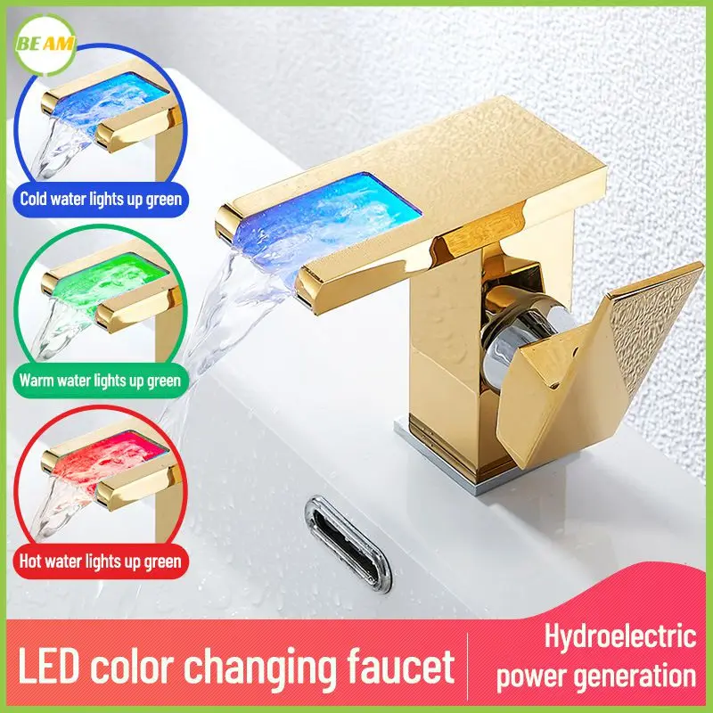 

Смеситель для раковины в ванной комнате, зеркальный светящийся смеситель для раковины, медный водопад с контролем температуры, изменяющий цвет, раковина