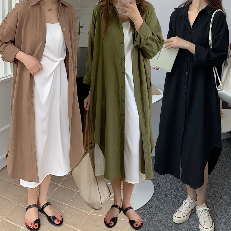 Autumn Spring Cotton Linen Dress Women's Elegant Long Shirt Dress Oversize Casual Female Simple Color Split Button Beach Dress