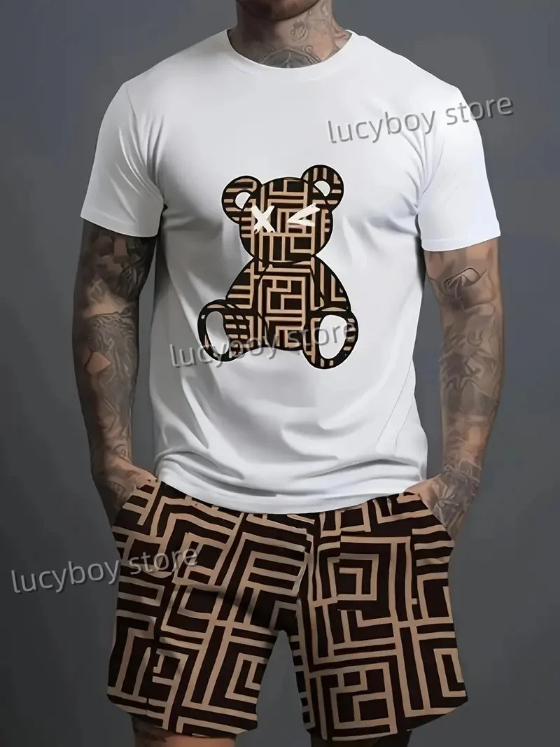 2024 мужская летняя модная футболка с короткими рукавами и шортами принтом медведя