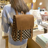retro checkerboard backpack female college style schoolbag middle school student computer backpack matte cotton and linen
