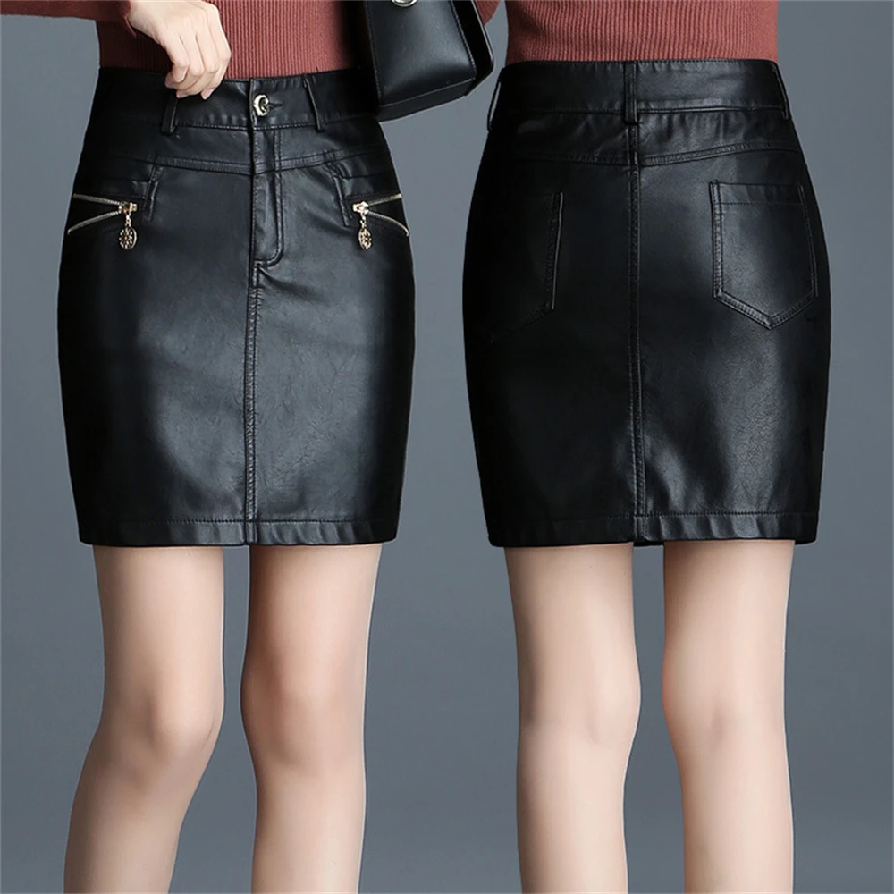 

Women Spring & Autumn Leather Skirt Solid Color Artificial Leather Wrapped Buttock Short Dress Femle High Waist Pu Pencil Skirt