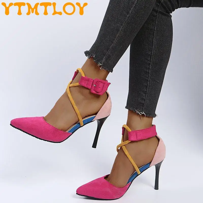

2021 Summer New Fashion Pointed Design Sense Versatile Temperament Stiletto Cross Strap Color Matching Women's Shoes