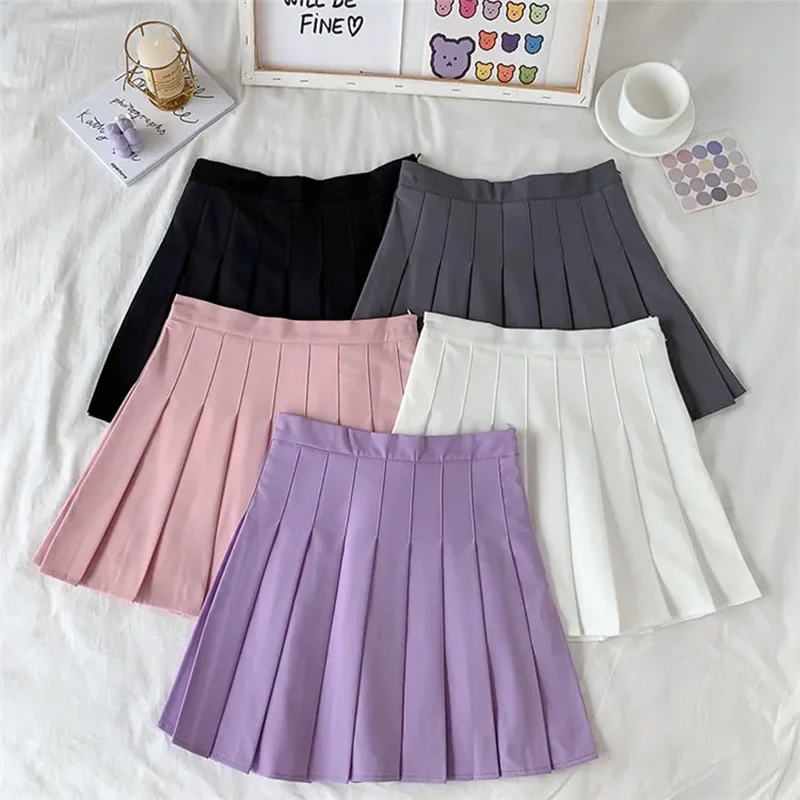 

2021 New Black Skirt Female Summer High Waist gothic Anti-Glare A-Line Pleated Skirt Short Skirt Purple Ins Tide Ulzzang Skirt