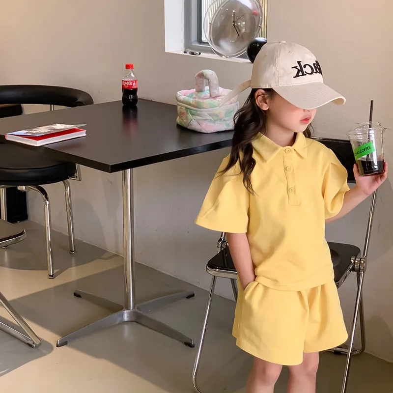 

Новинка лета 2022, детская одежда, Корейская футболка с воротником-поло для девочек + шорты, комплект из 2 предметов, 2-104