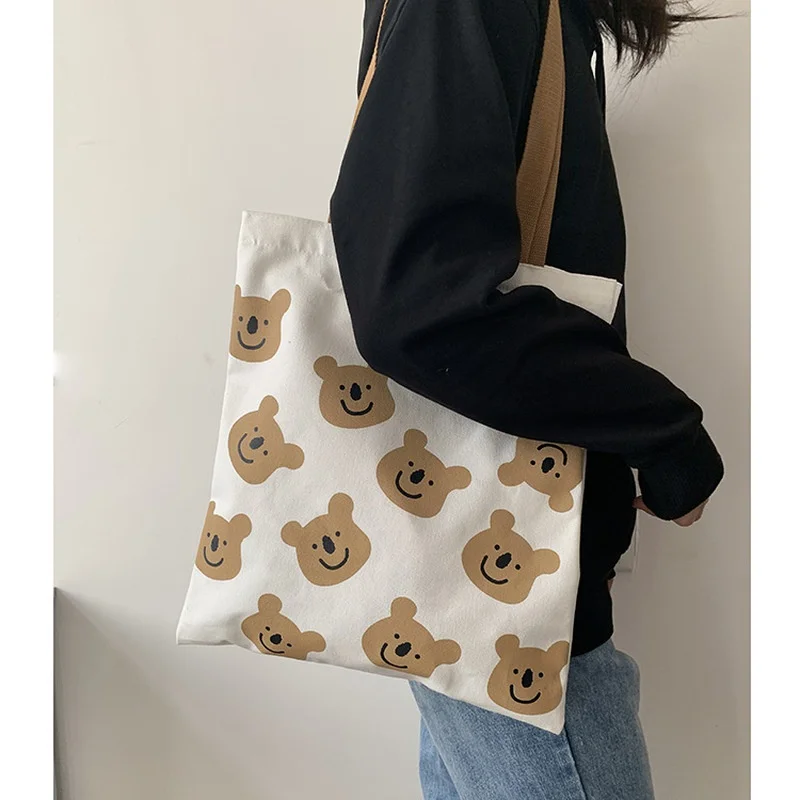 

Canvas Shoulder Bag for Women Girl Cartoon Teddy Bear White Female Handbags Cloth Shopping Bags Ladies Tote Beach Bag